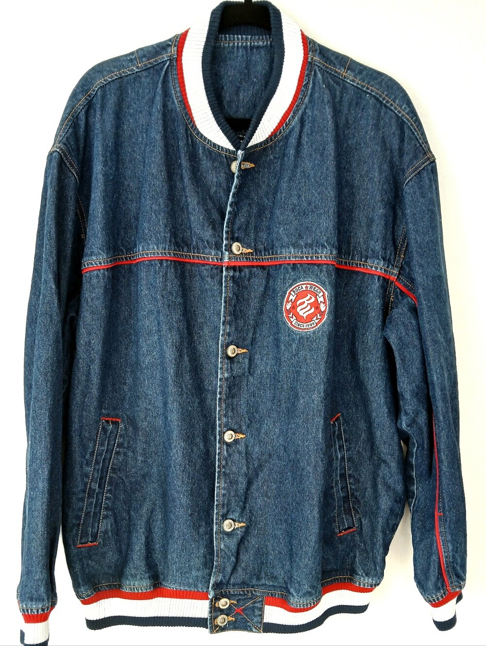 Vtg ROCAWEAR Blue Denim Jean JACKET Oversized 90s Hip Hop Y2K Streetwear Size XL